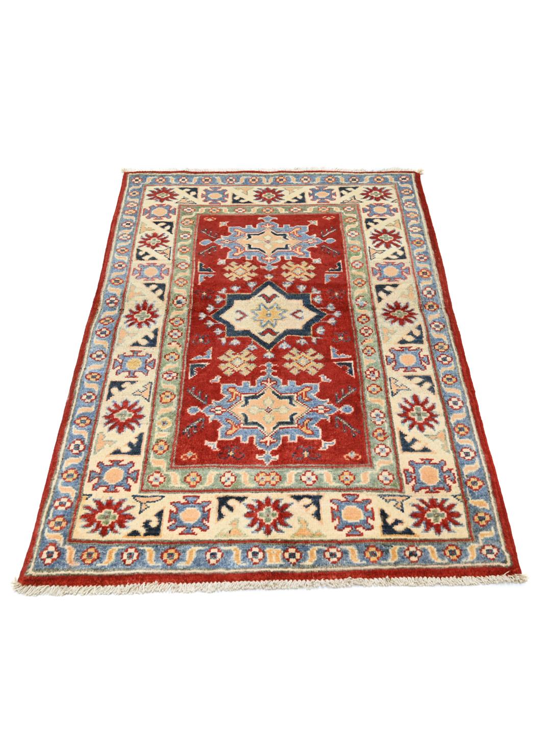 Hand-knotted Kazak Fine wool rug in red and blue from Afghanistan