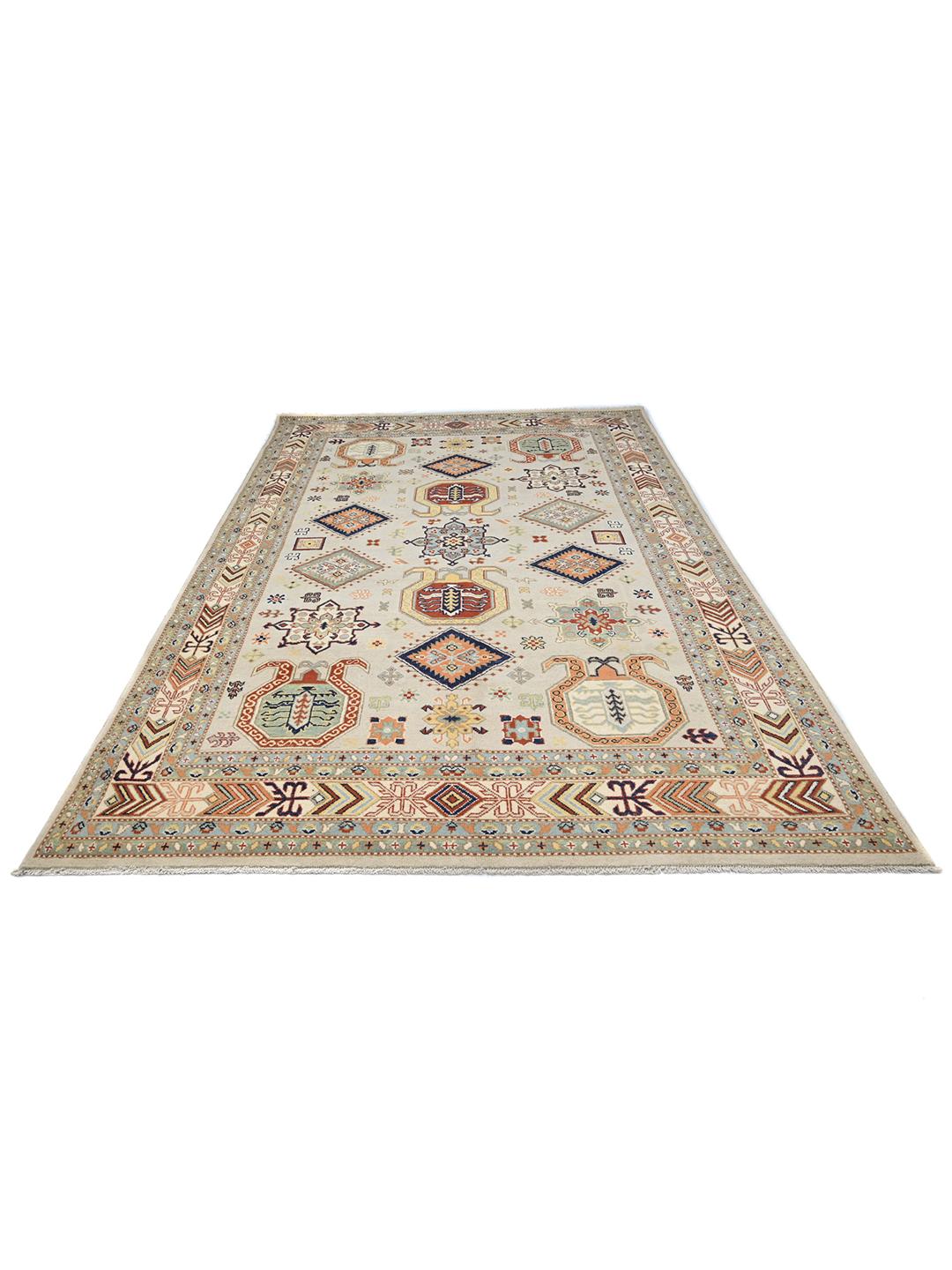 Hand-knotted Kazak Fine wool rug from Afghanistan in beige and multicolor