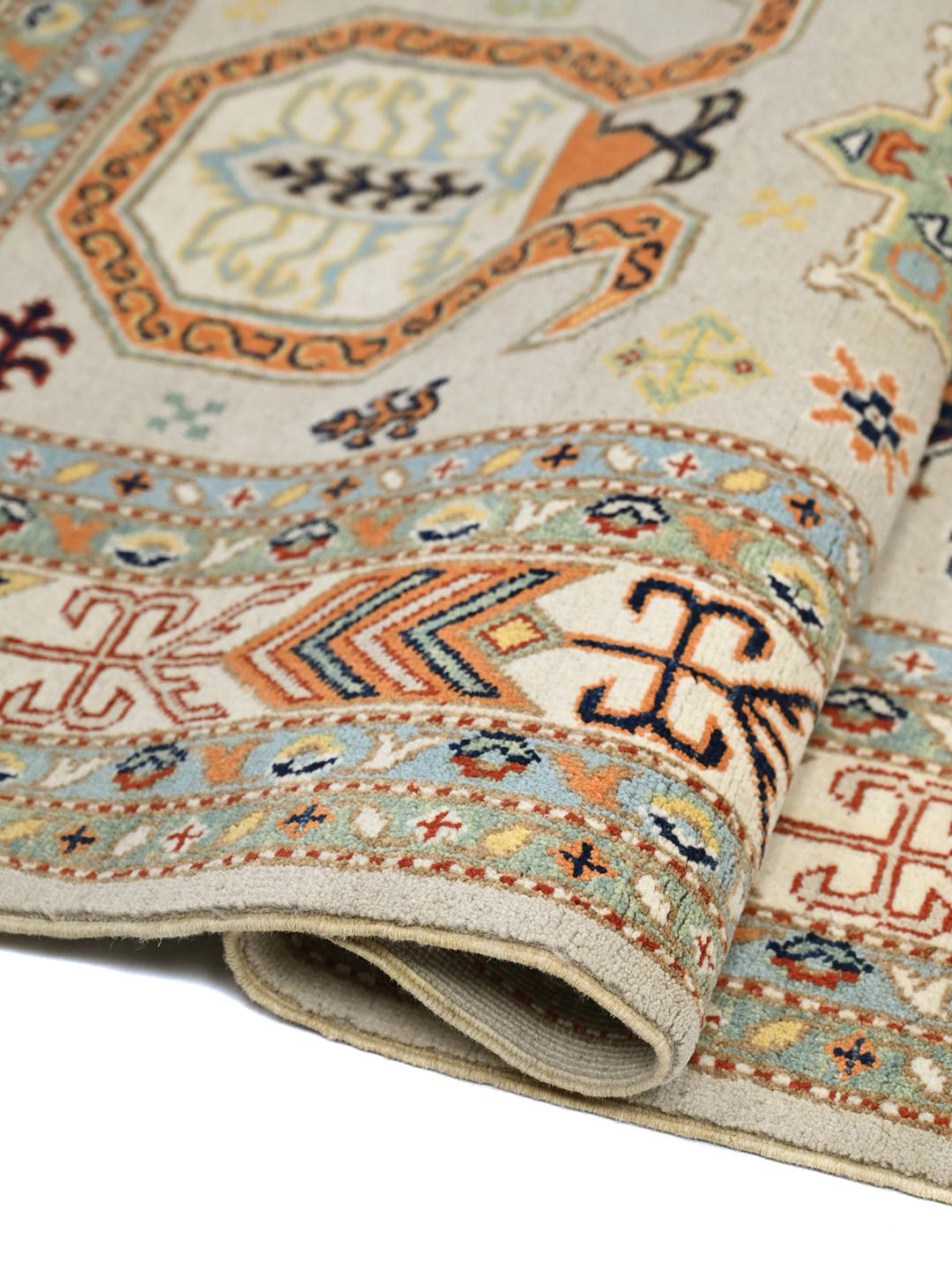 Hand-knotted Kazak Fine wool rug from Afghanistan in beige and multicolor