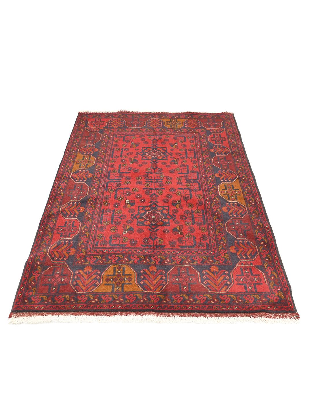 Handgeknoopt Afghaans Khal Mohammadi wollen kleed in rood en donkerblauw