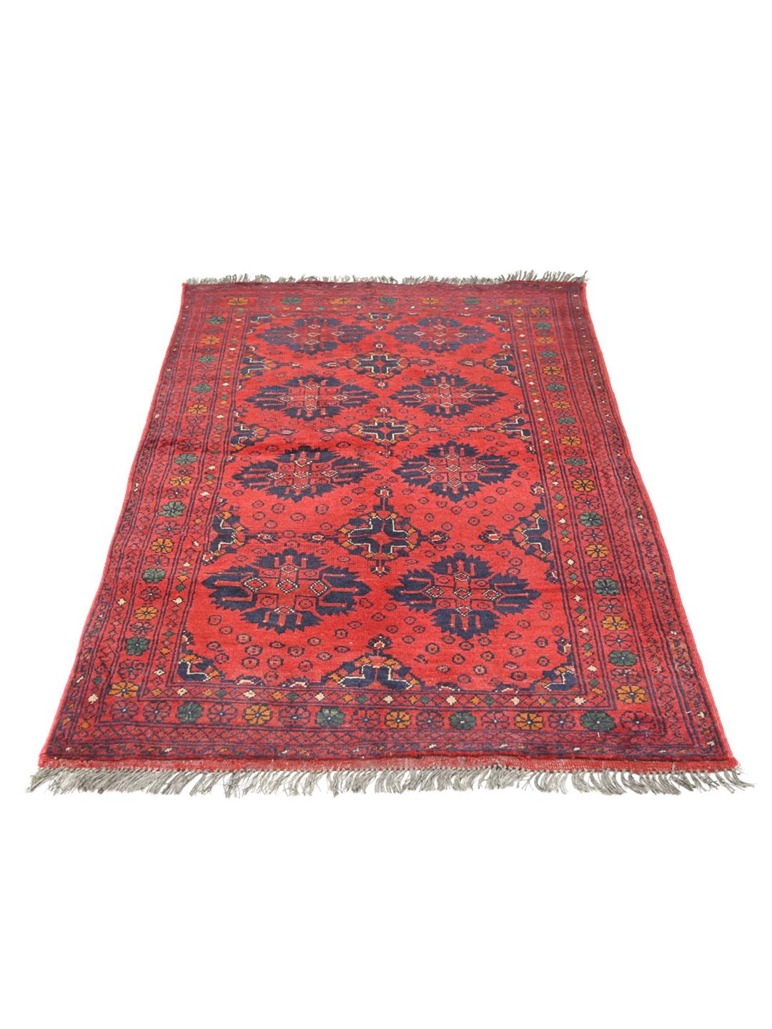 Hand-knotted Afghan Khal Mohammadi rug in red and dark-blue