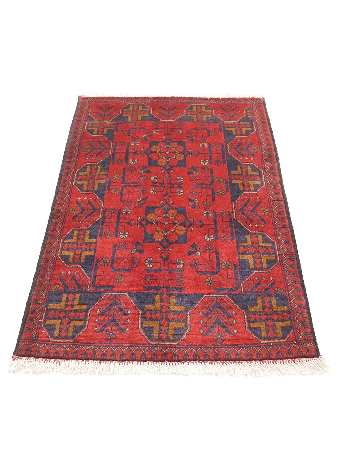 Tapis en laine rouge et bleu foncé noué à la main provenant d'Afghanistan
