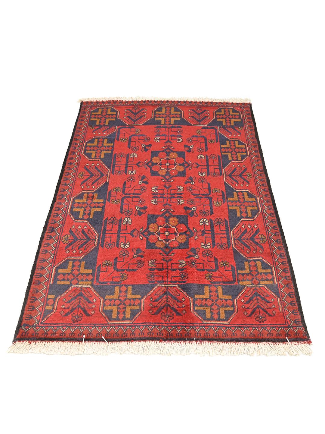 Tapis en laine rouge et bleu foncé noué à la main provenant d'Afghanistan