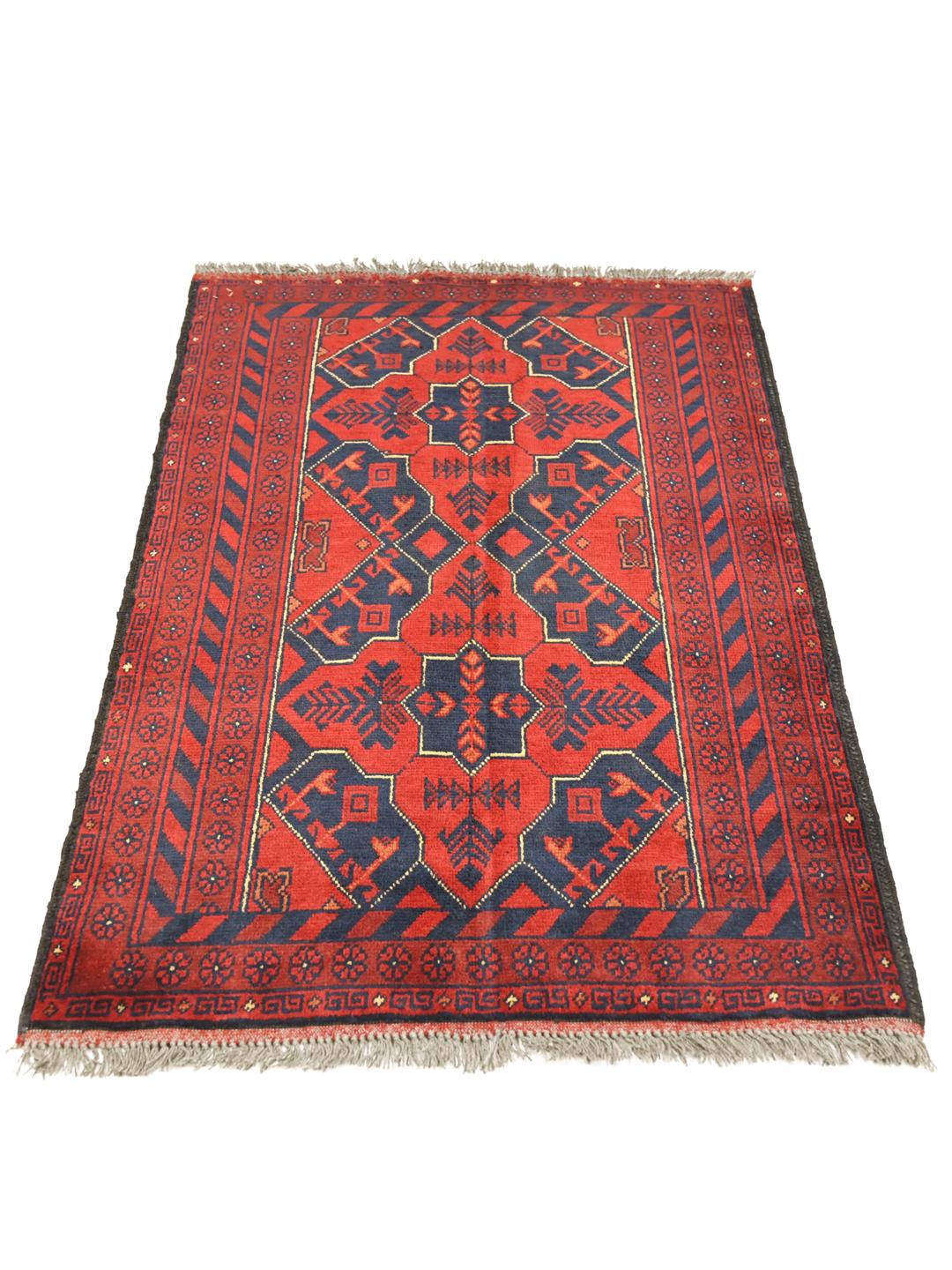 Tapis Afghan Khal Mohammadi noué à la main en laine rouge et bleu foncé