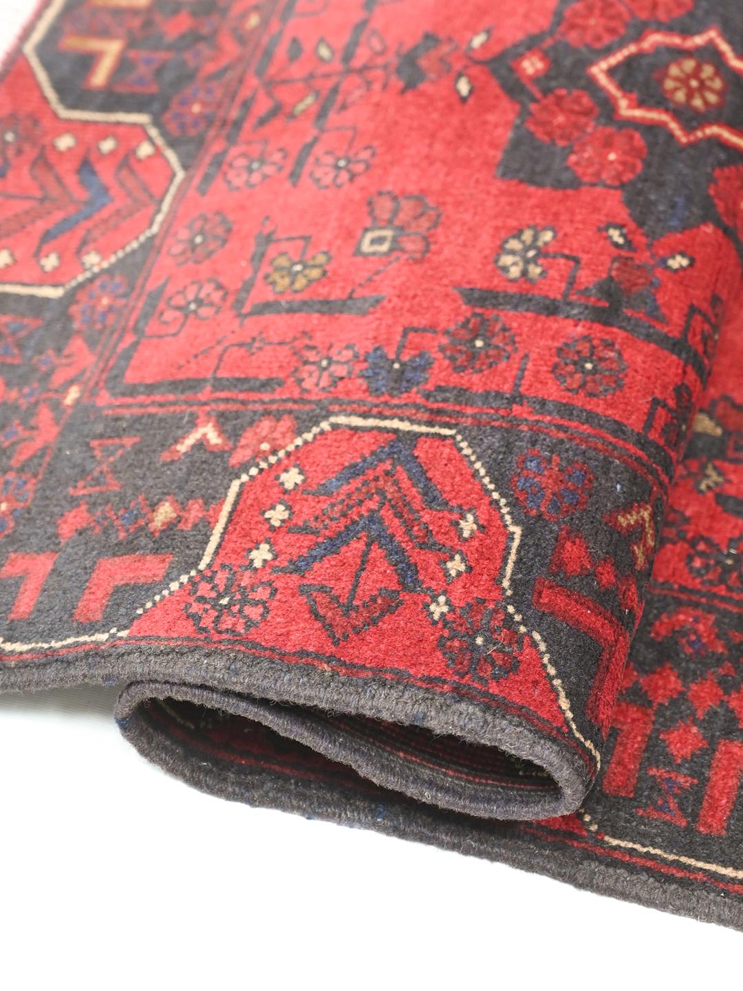 Handgeknoopt rood en donkerblauw Afghaans Khal Mohammadi wollen tapijt met medaillons