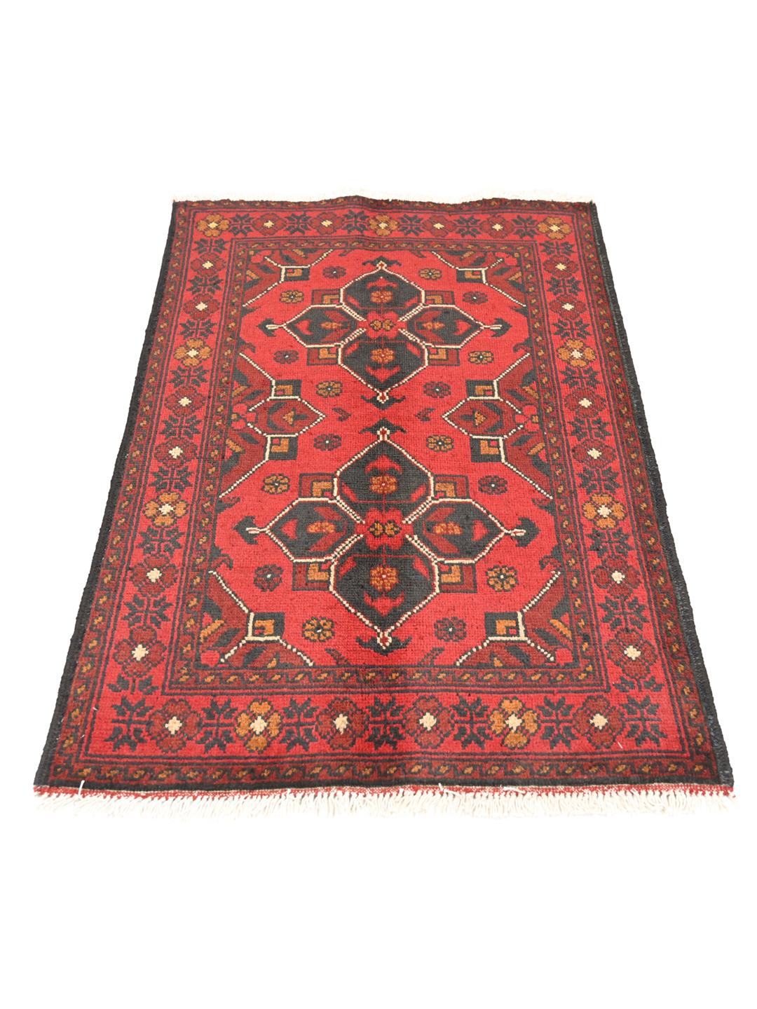 Hand-knotted red Afghan Khal Mohammadi wool rug with dark-grey medallions