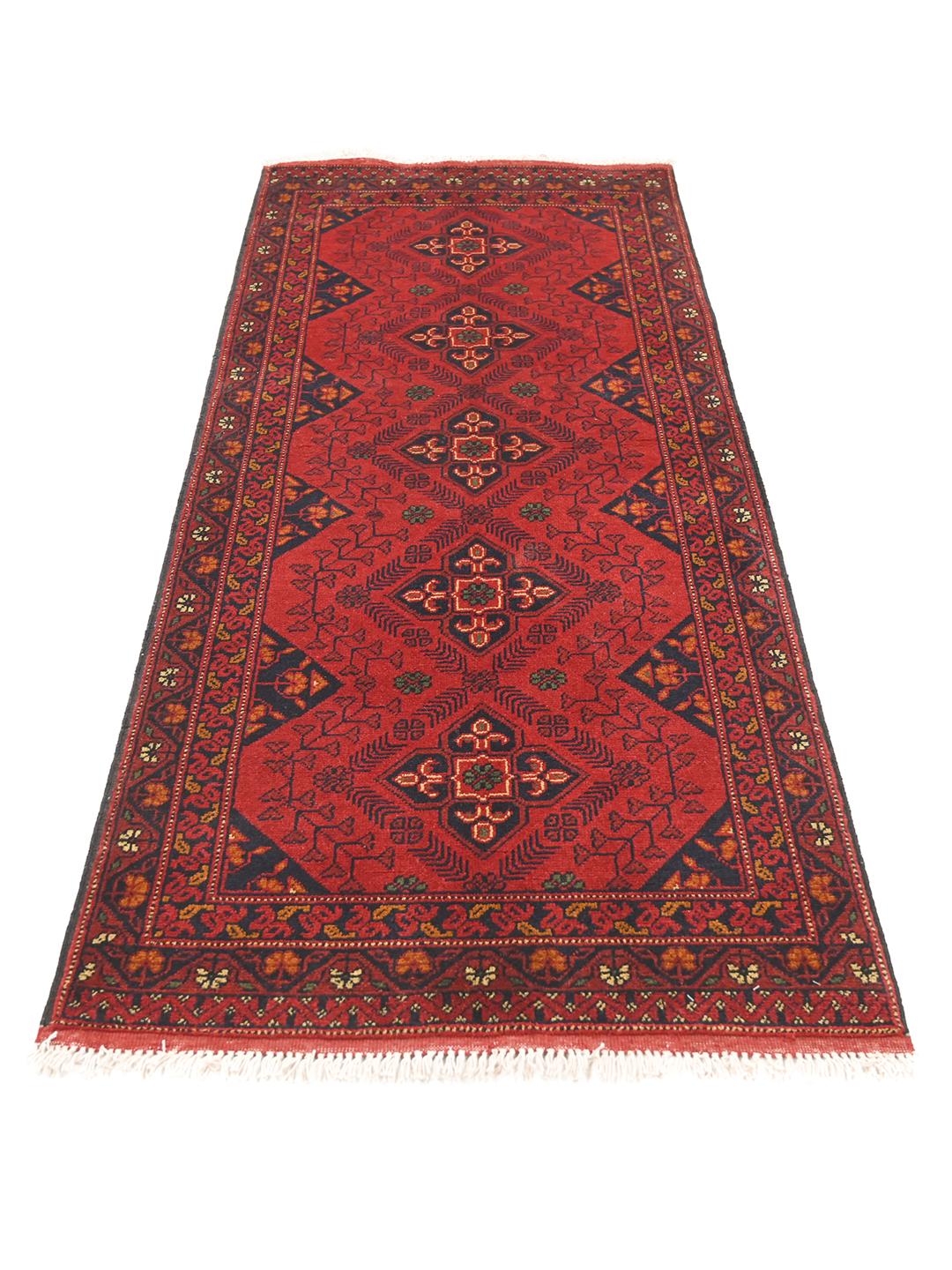 Hand-knotted Afghan Khal Mohammadi wool runner in red and dark-grey