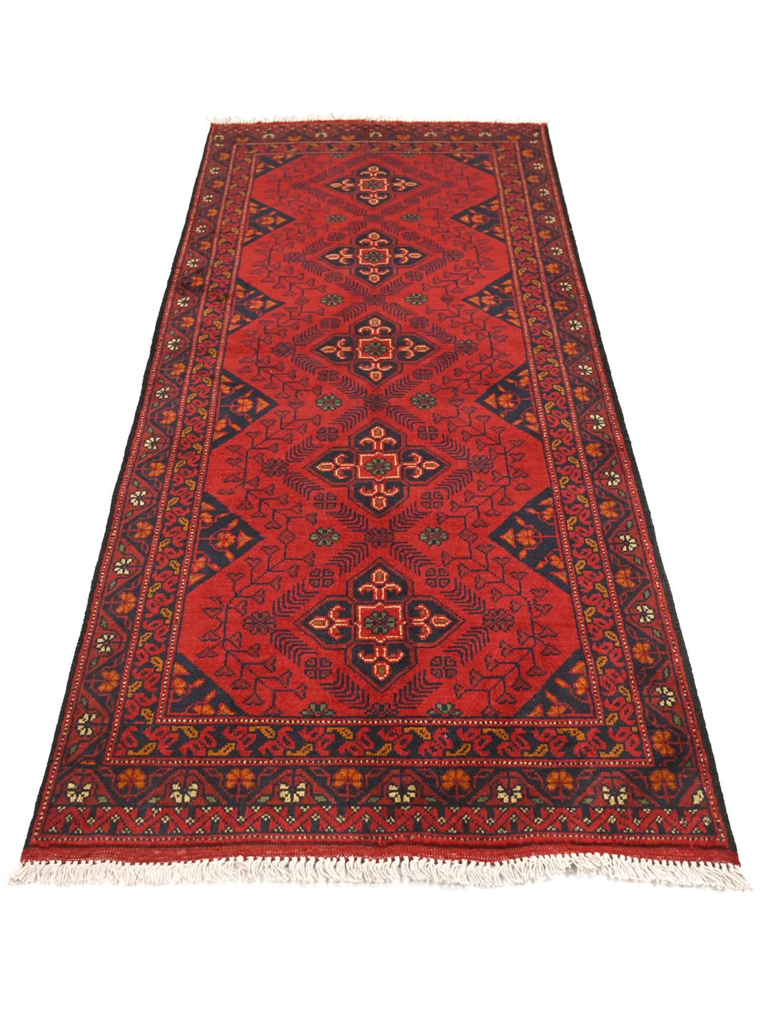 Hand-knotted Afghan Khal Mohammadi wool runner in red and dark-grey