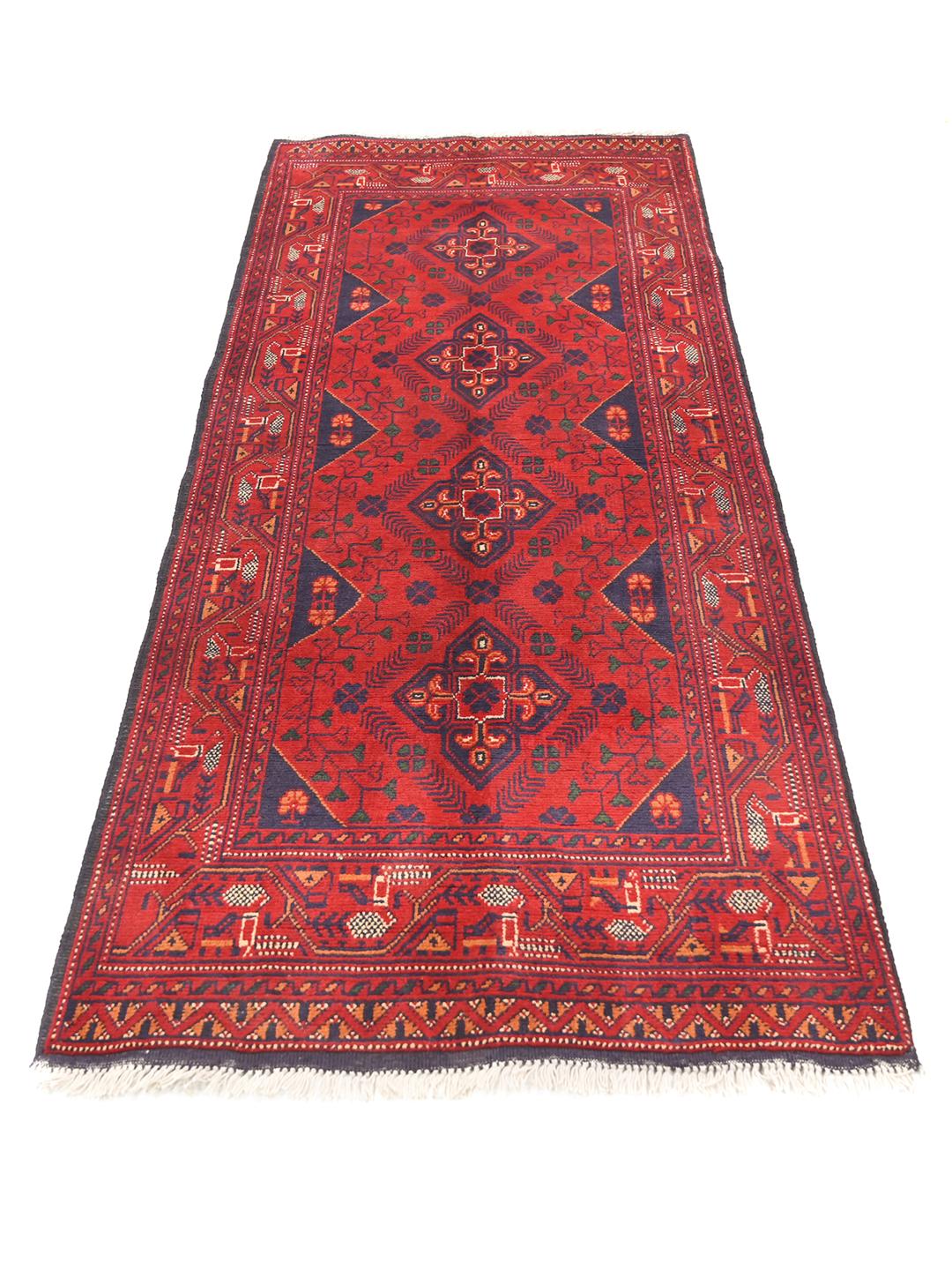 Tapis couloir en laine Afghan Khal Mohammadi noué à la main en rouge foncé et bleu foncé
