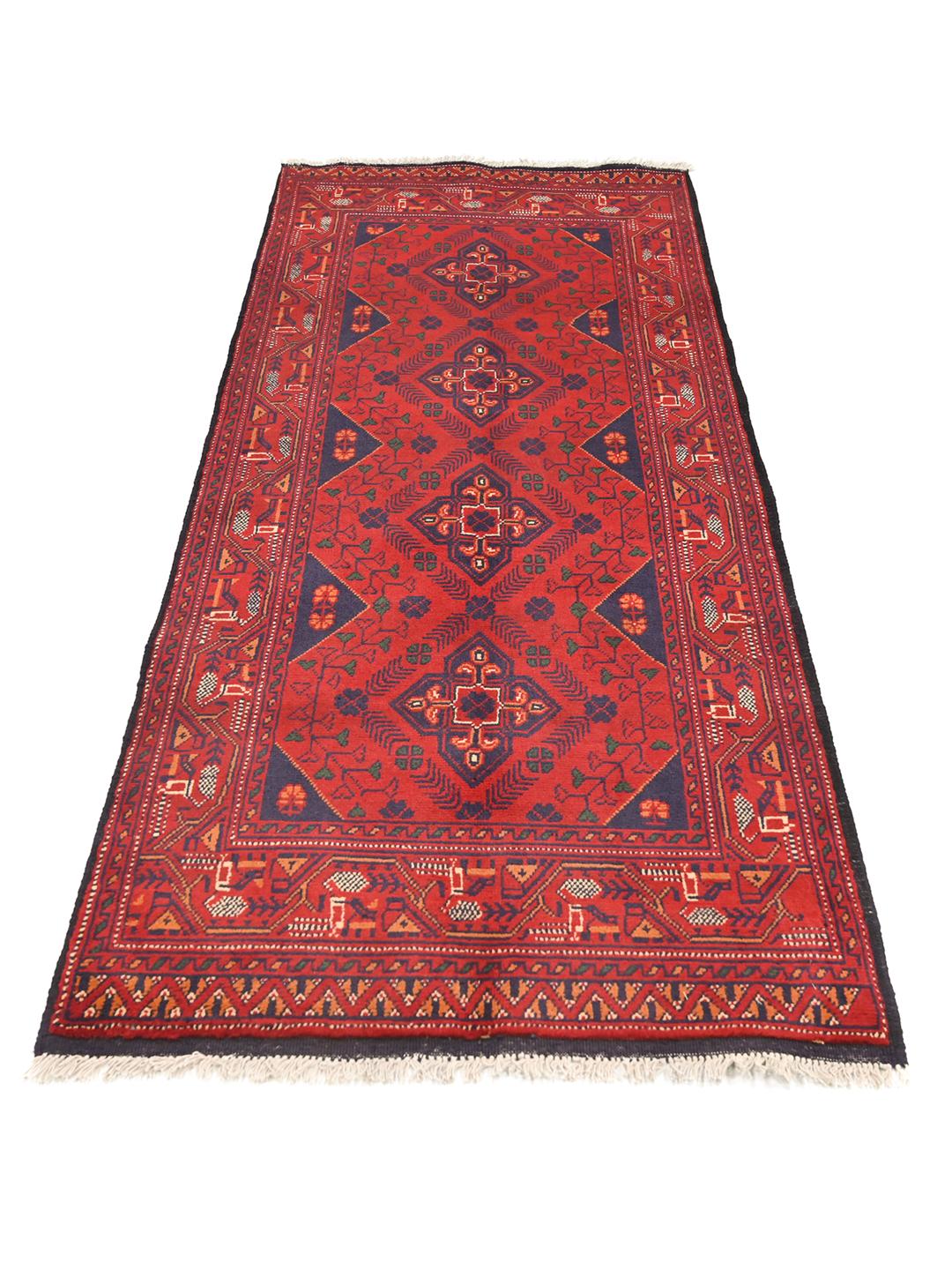 Tapis couloir en laine Afghan Khal Mohammadi noué à la main en rouge foncé et bleu foncé