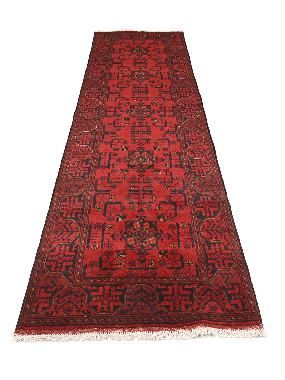 Tapis couloir Afghan Khal Mohammadi noué à la main en rouge et noir