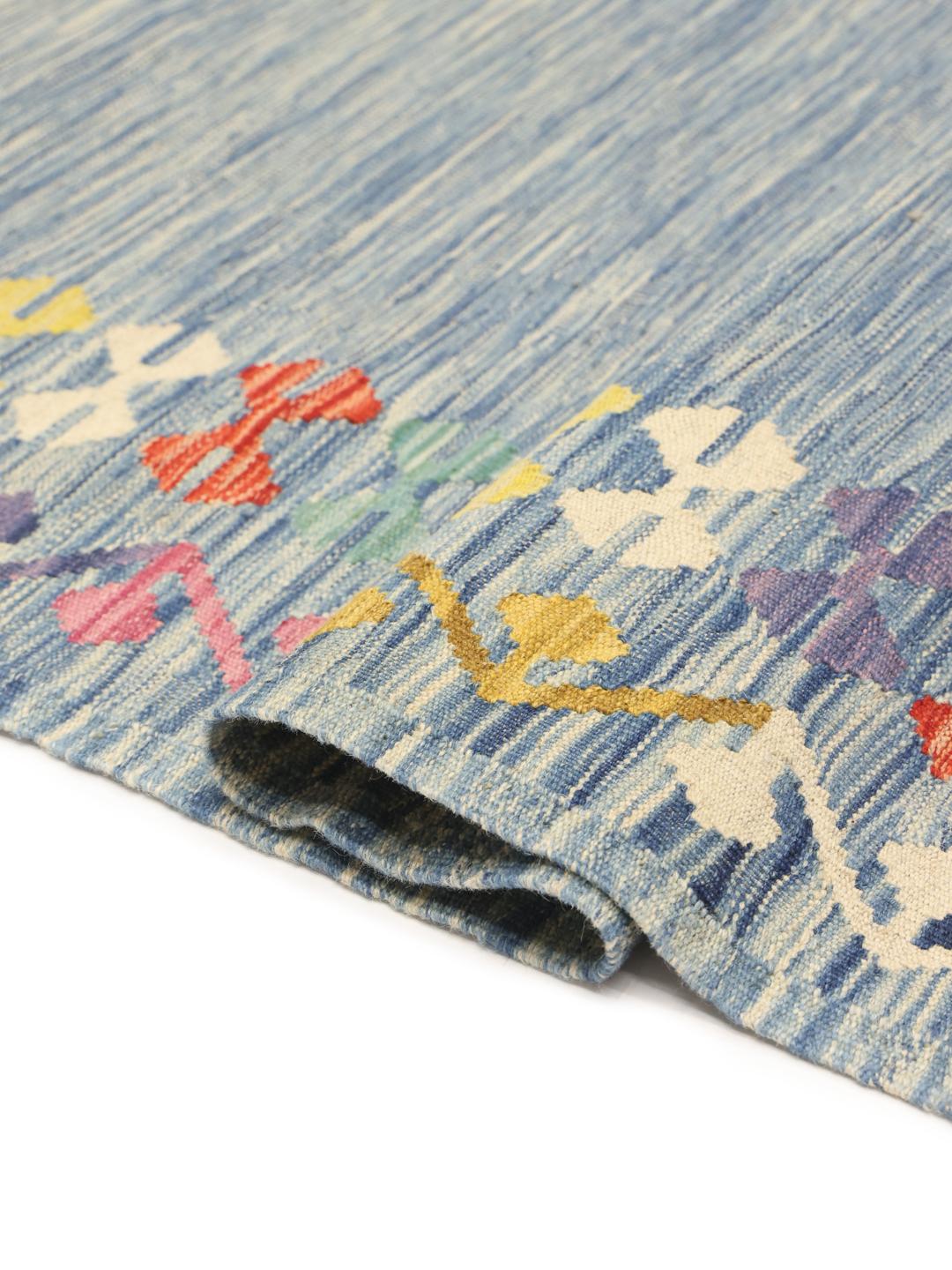 Handgeweven Afghaanse kelim in het blauw met decoratieve rand