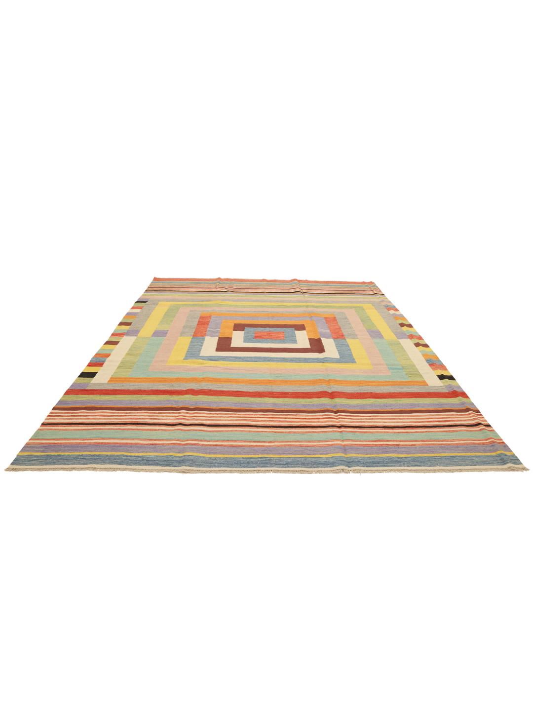 Handmade flatwoven rug from Afghanistan in multicolour with geometric pattern.