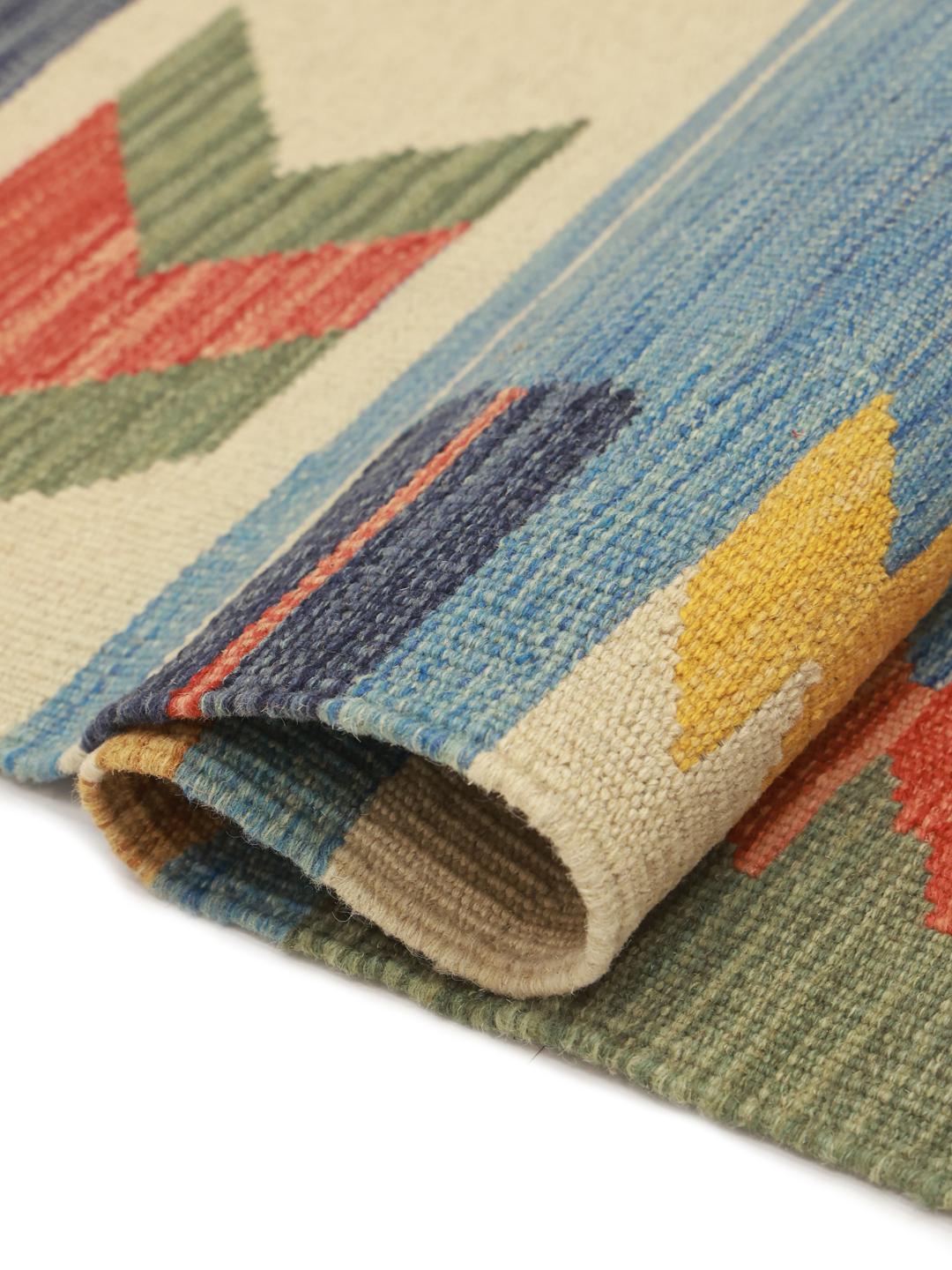 Handgemaakt Afghaans kelim tapijt in blauw en multicolor
