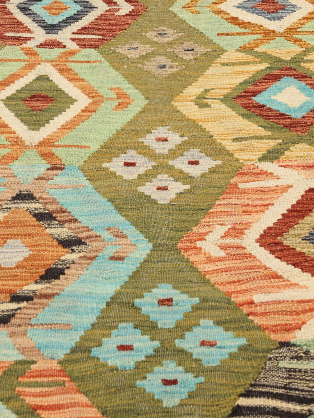 Håndlavet Kelim Afghan Old Style tæppe fra Afghanistan i grøn med diamantmønster