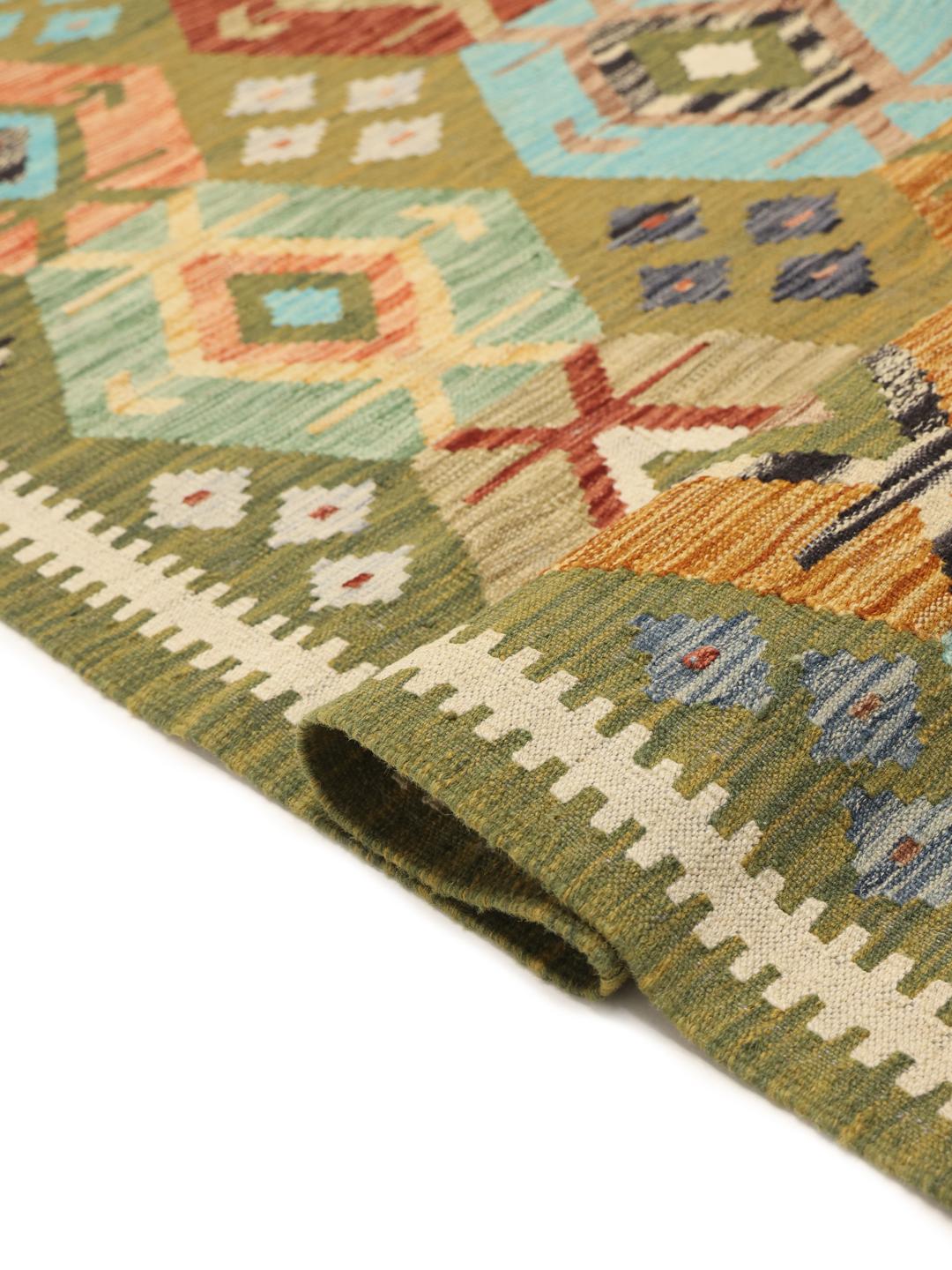Håndlavet Kelim Afghan Old Style tæppe fra Afghanistan i grøn med diamantmønster