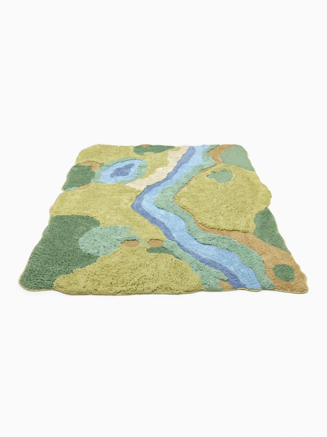 Onregelmatig gevormd katoenen kleed met een abstract blauw en groen rivierlandschapontwerp