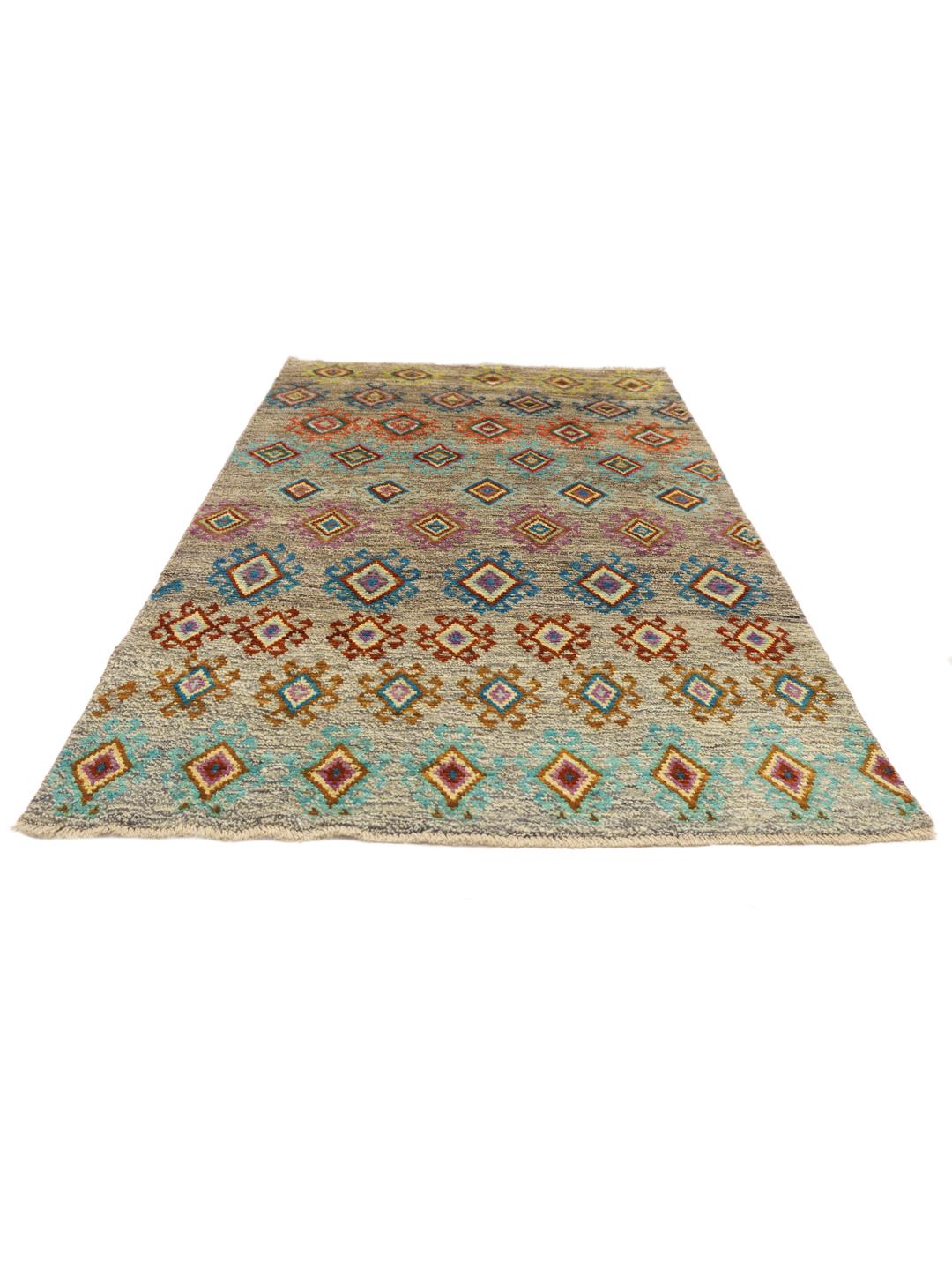 Hand-knotted Afghan rug with colourful geometric patterns on a grey background
