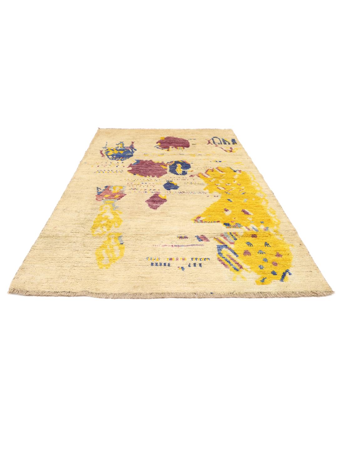 Met de hand geknoopt Afghaans tapijt met levendige artistieke motieven op een beige wollen achtergrond
