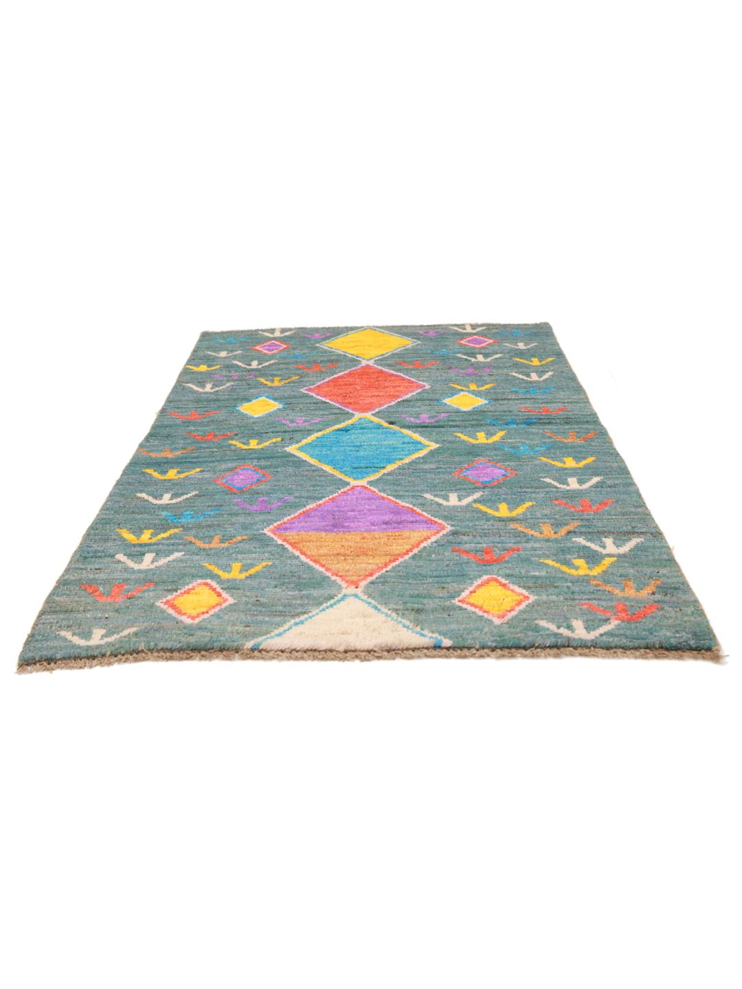 Handmade wool rug from Afghanistan in teal with colorful diamond patterns