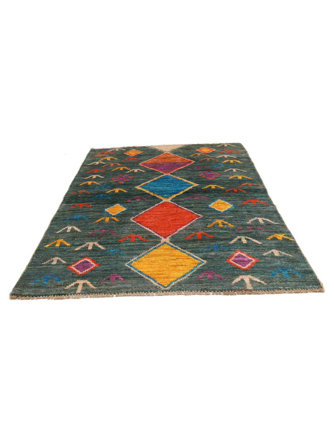 Handmade wool rug from Afghanistan in teal with colorful diamond patterns