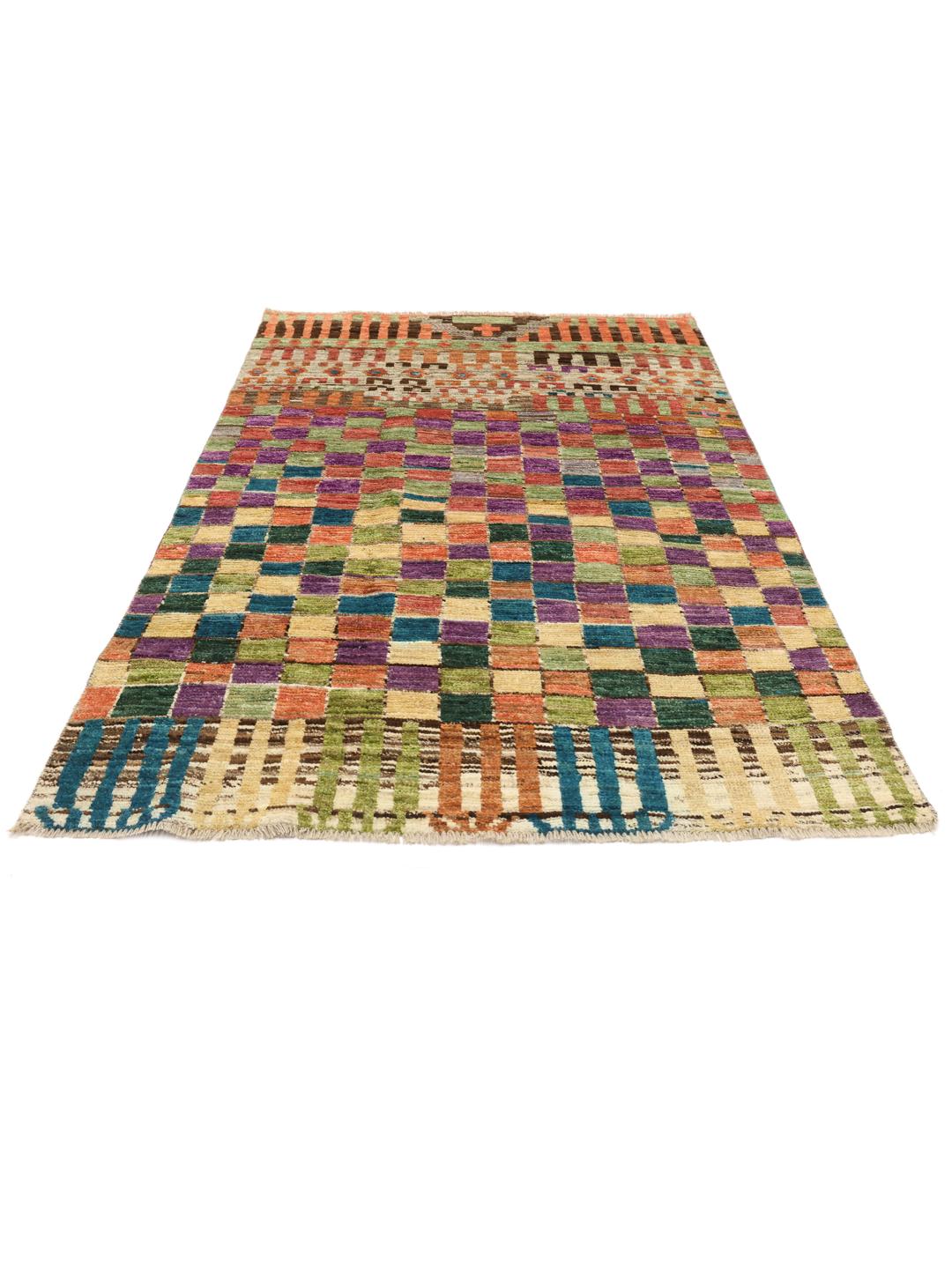 Handgeknoopt Afghaans Berber-tapijt met een levendig meerkleurig dambordpatroon