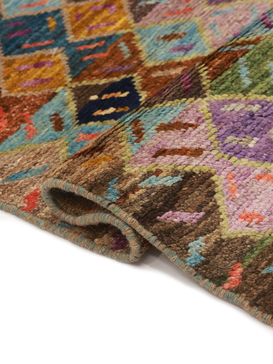 Hand-knotted Afghan runner with a colourful diamond pattern in shades of blue, orange, and brown