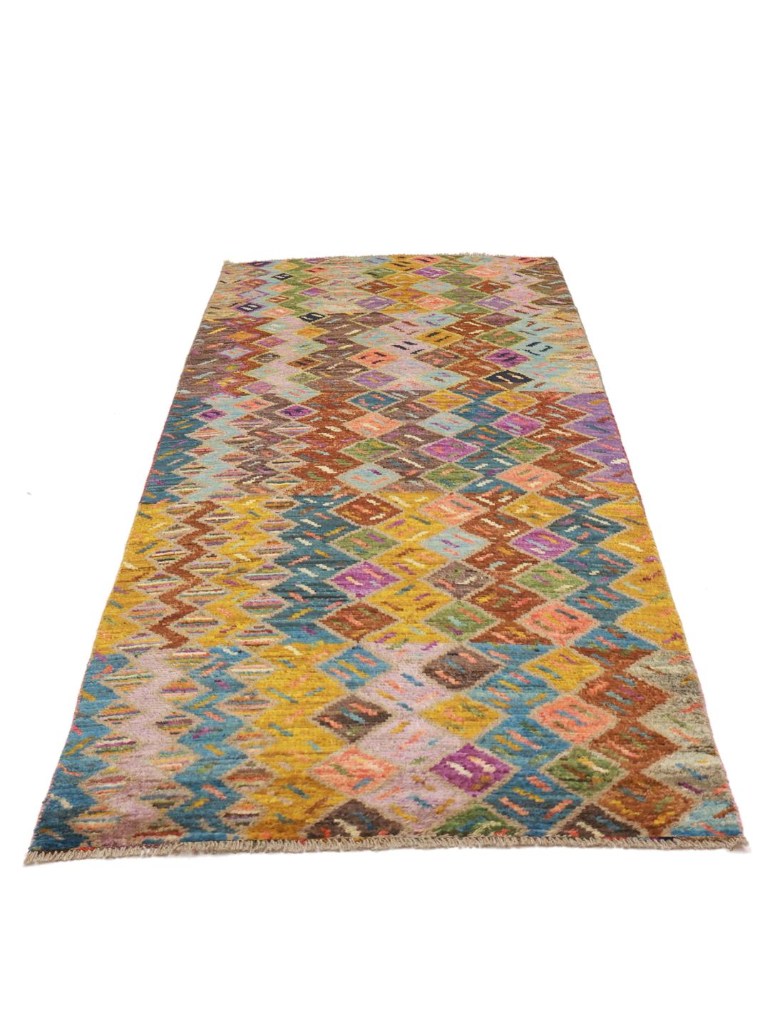 Hand-knotted Afghan runner with a colourful diamond pattern in shades of blue, orange, and brown