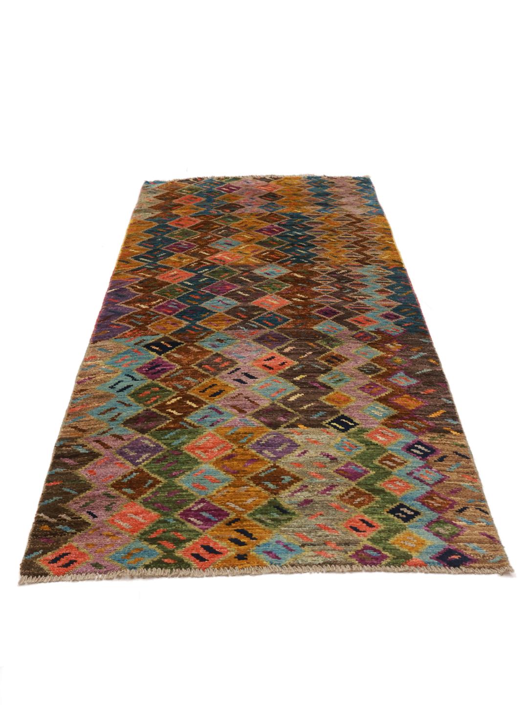 Hand-knotted Afghan runner with a colourful diamond pattern in shades of blue, orange, and brown