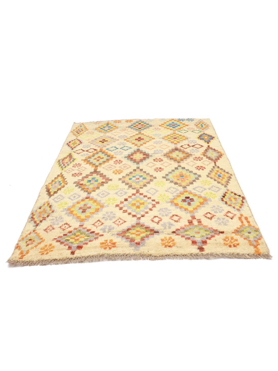 Håndknyttet afghansk tæppe med levende, flerfarvede geometriske diamantmønstre