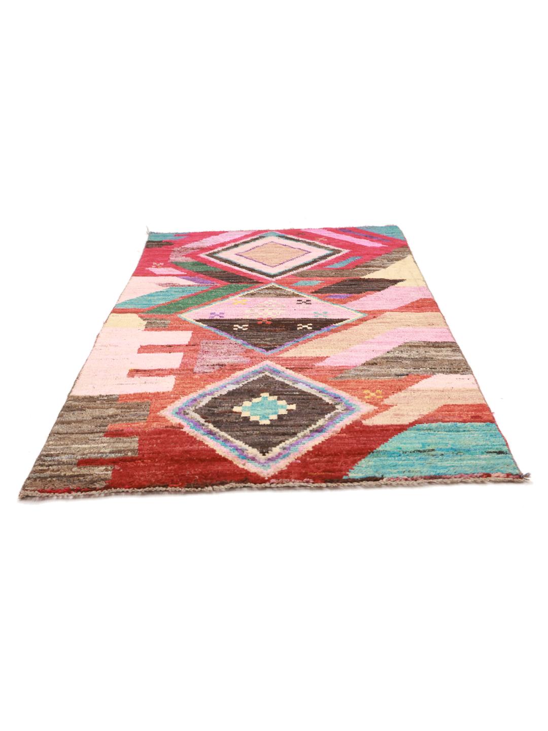 Handgeknoopt Afghaans tapijt met een levendig geometrisch patroon in veelkleurige wol