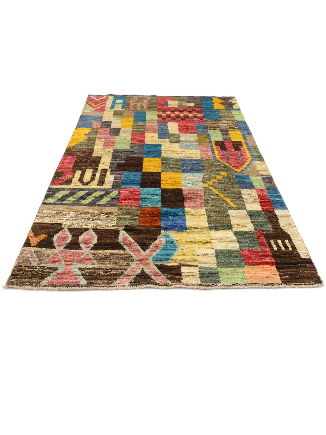 Hand-knotted multicolour rug from Afghanistan with a vibrant artistic design