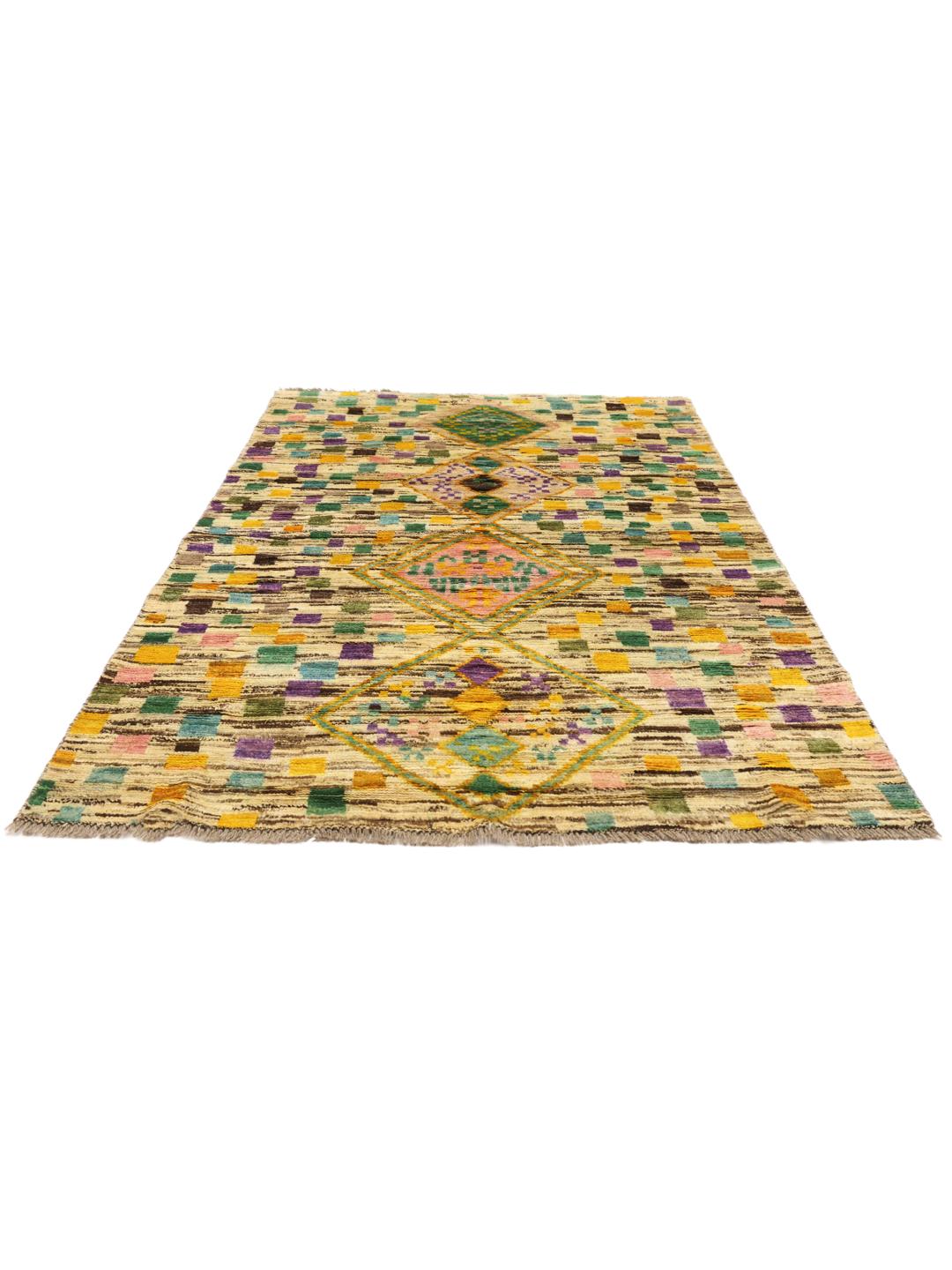 Håndlavet afghansk tæppe med et farverigt geometrisk mønster og flerfarvede firkanter