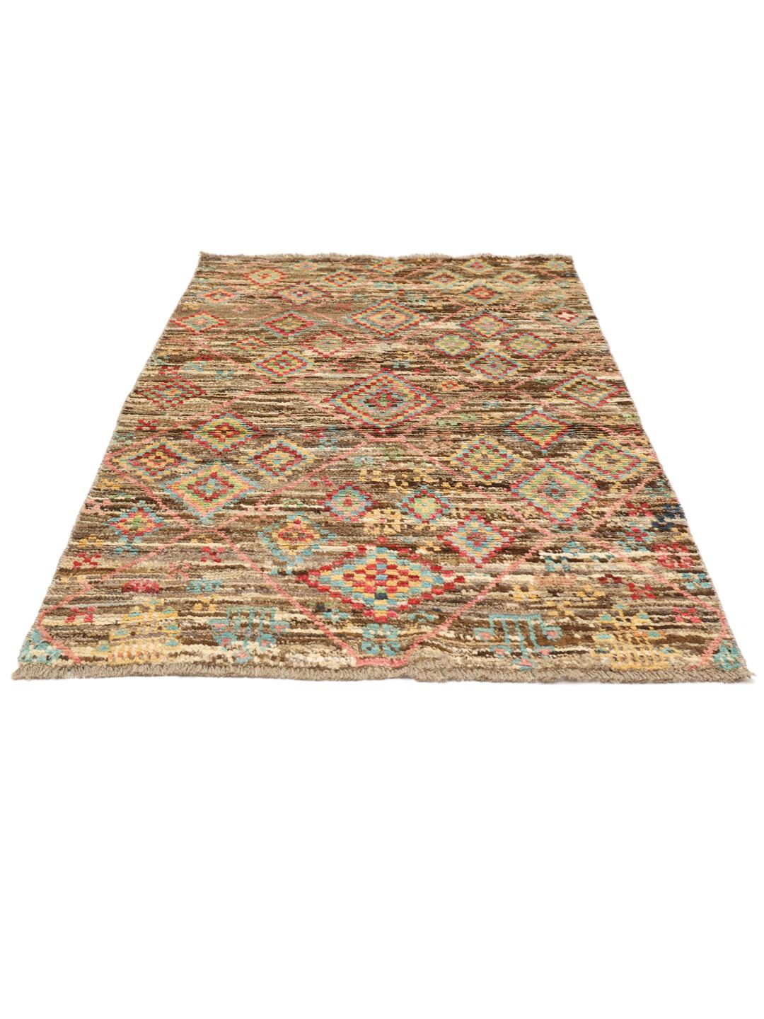 Hand-knotted Afghan rug with colourful geometric diamond patterns on a brown field