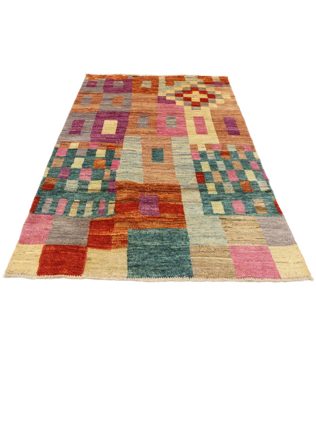 Hand-knotted multicolor rug from Afghanistan with geometric patterns