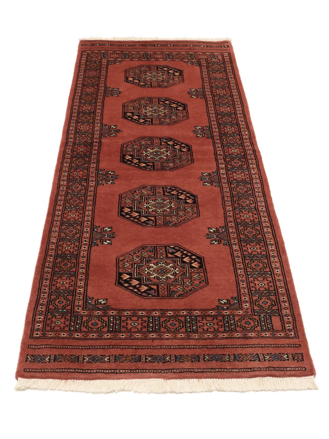 Handmade Pakistan runner rug in dark-red with traditional wool guls