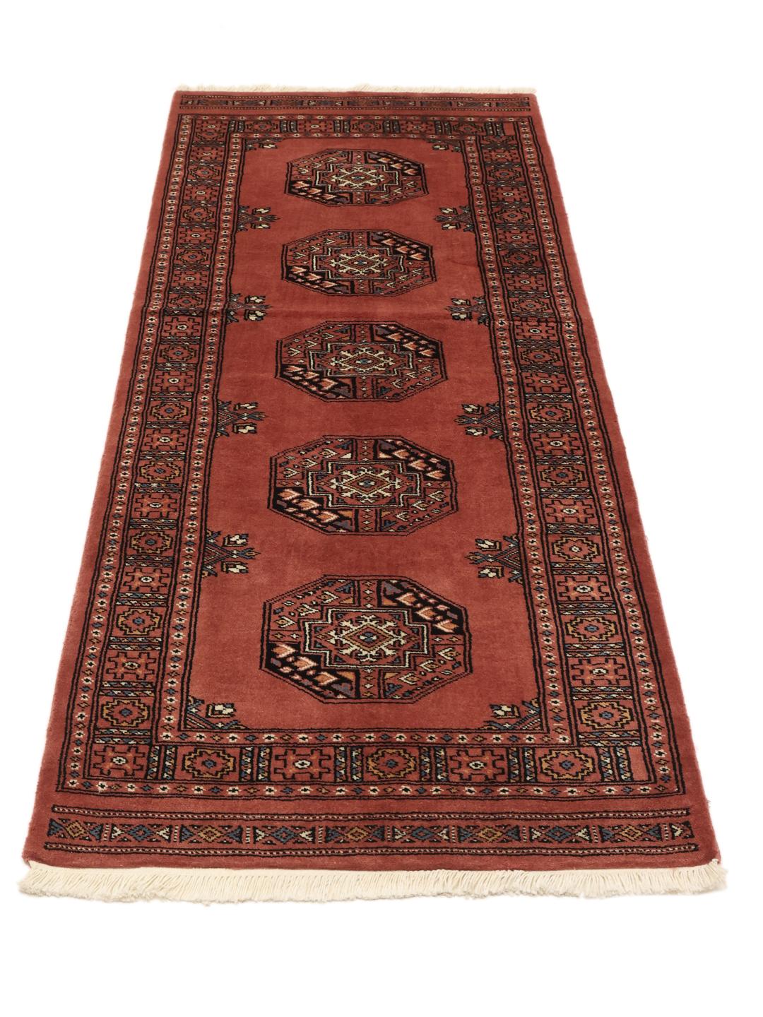 Pakistan Bokhara runner rug in red with geometric motifs