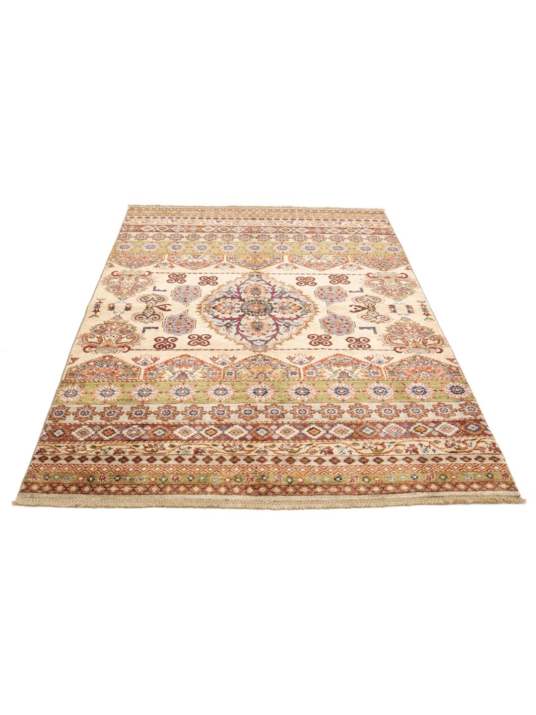 Handmade Afghan rug with beige and multicolor medallion motifs