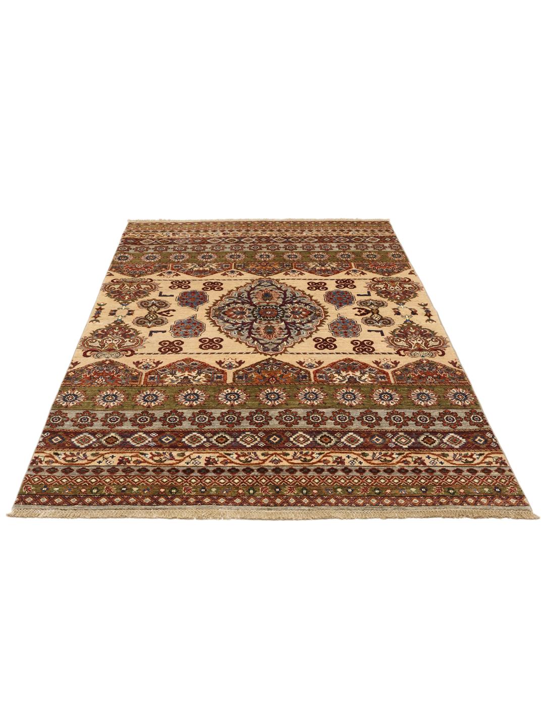 Handmade Afghan rug with beige and multicolor medallion motifs