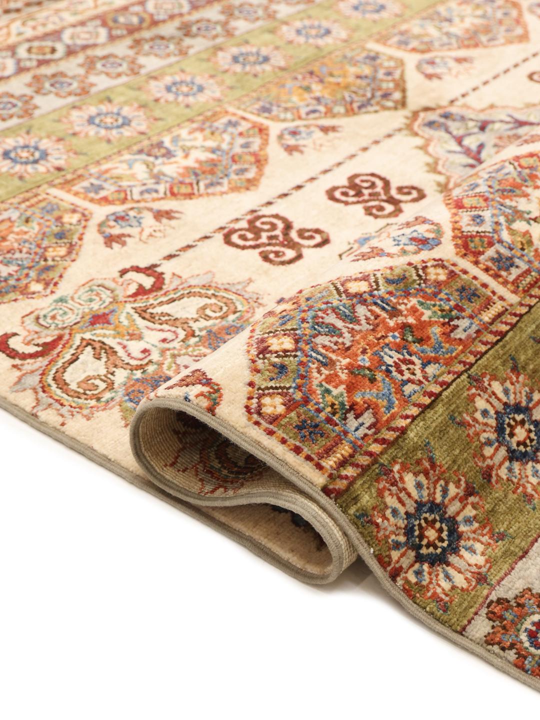 Handmade Afghan rug with beige and multicolor medallion motifs