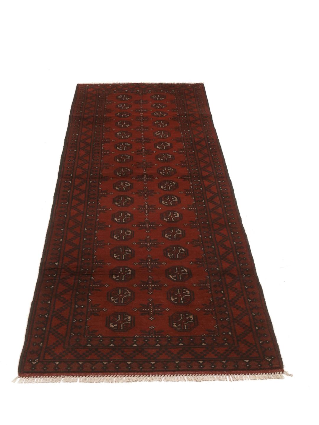 Hand-knotted Afghan Fine runner rug in dark red and black