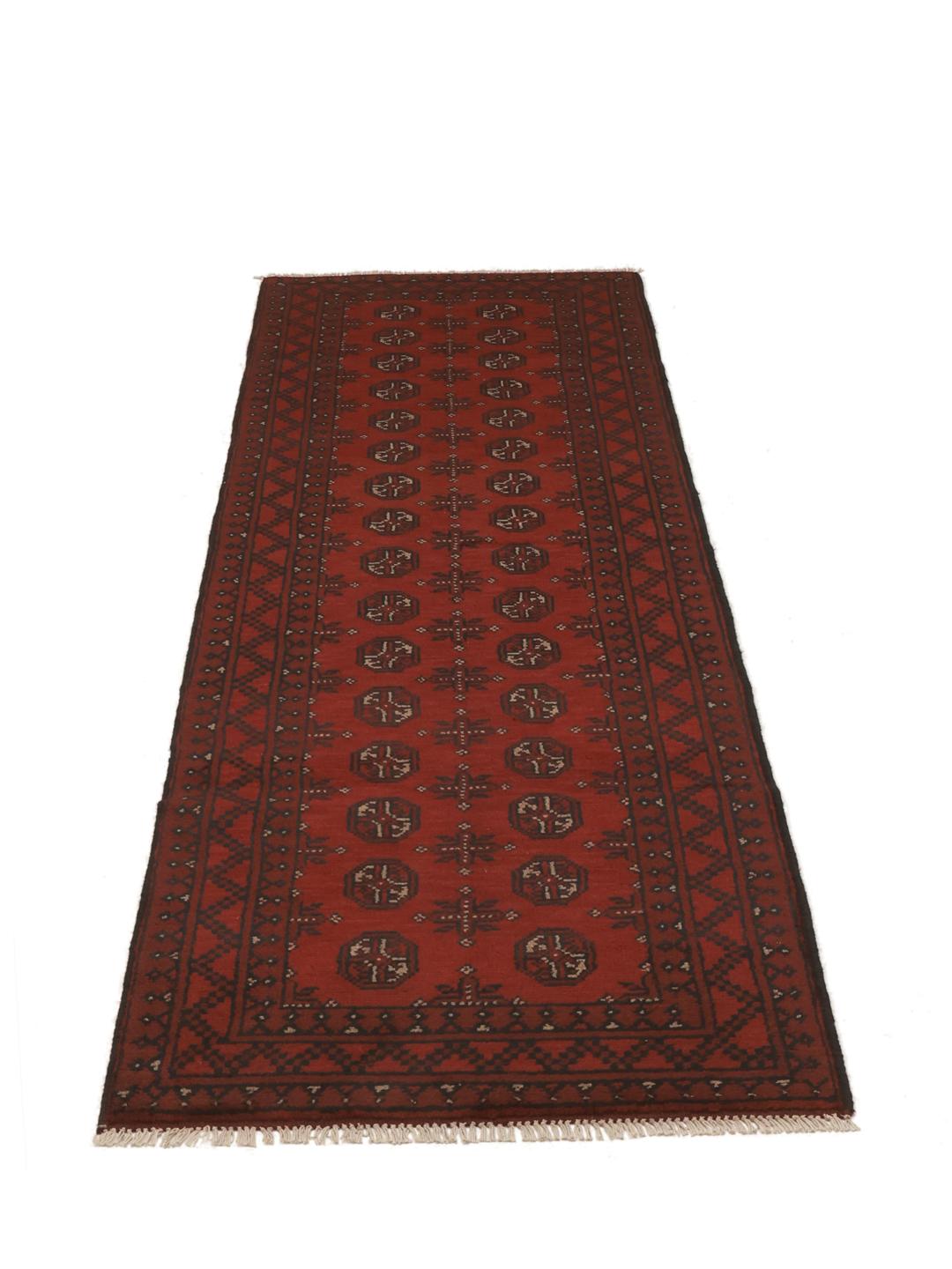 Hand-knotted Afghan Fine runner rug in dark red and black