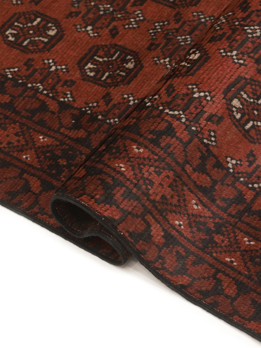 Tapis couloir Afghan Fine noué à la main en laine rouge foncé et noire