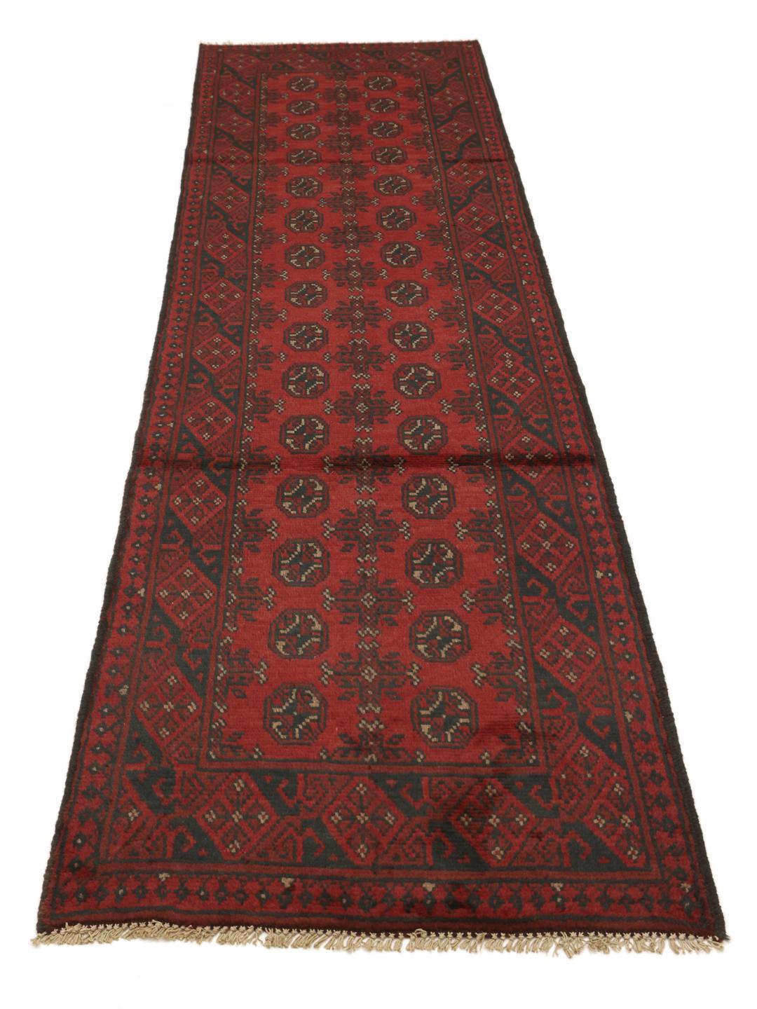 Hand-knotted Afghan Fine runner rug in dark red and dark blue