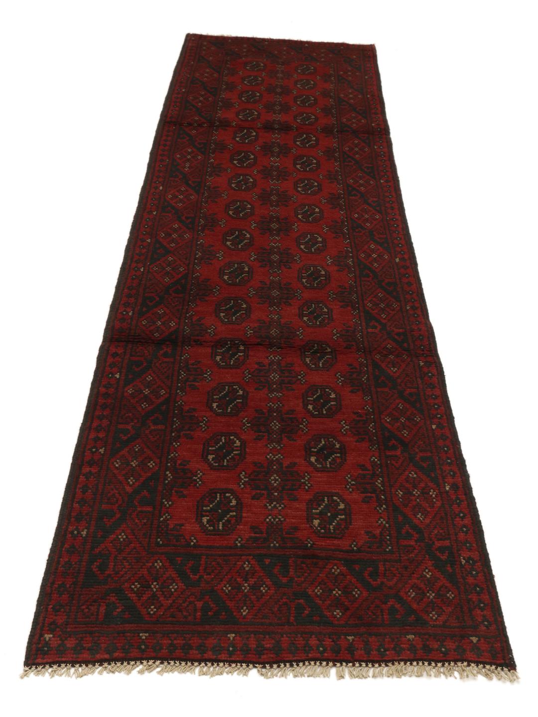 Hand-knotted Afghan Fine runner rug in dark red and dark blue
