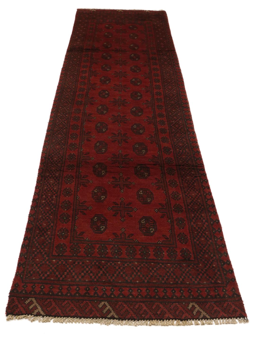 Hand-knotted Afghan Fine runner rug in dark red and black wool with geometric medallions