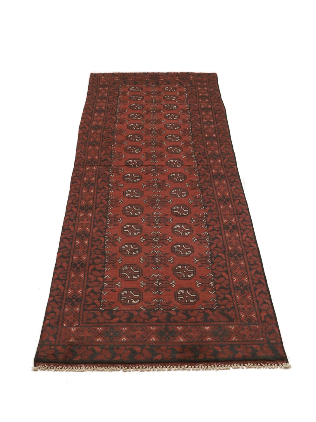 Tapis couloir Afghan Fine noué à la main en laine rouge foncé et noire