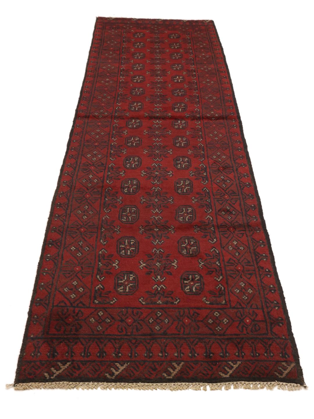 Tapis couloir afghan fait main en rouge foncé