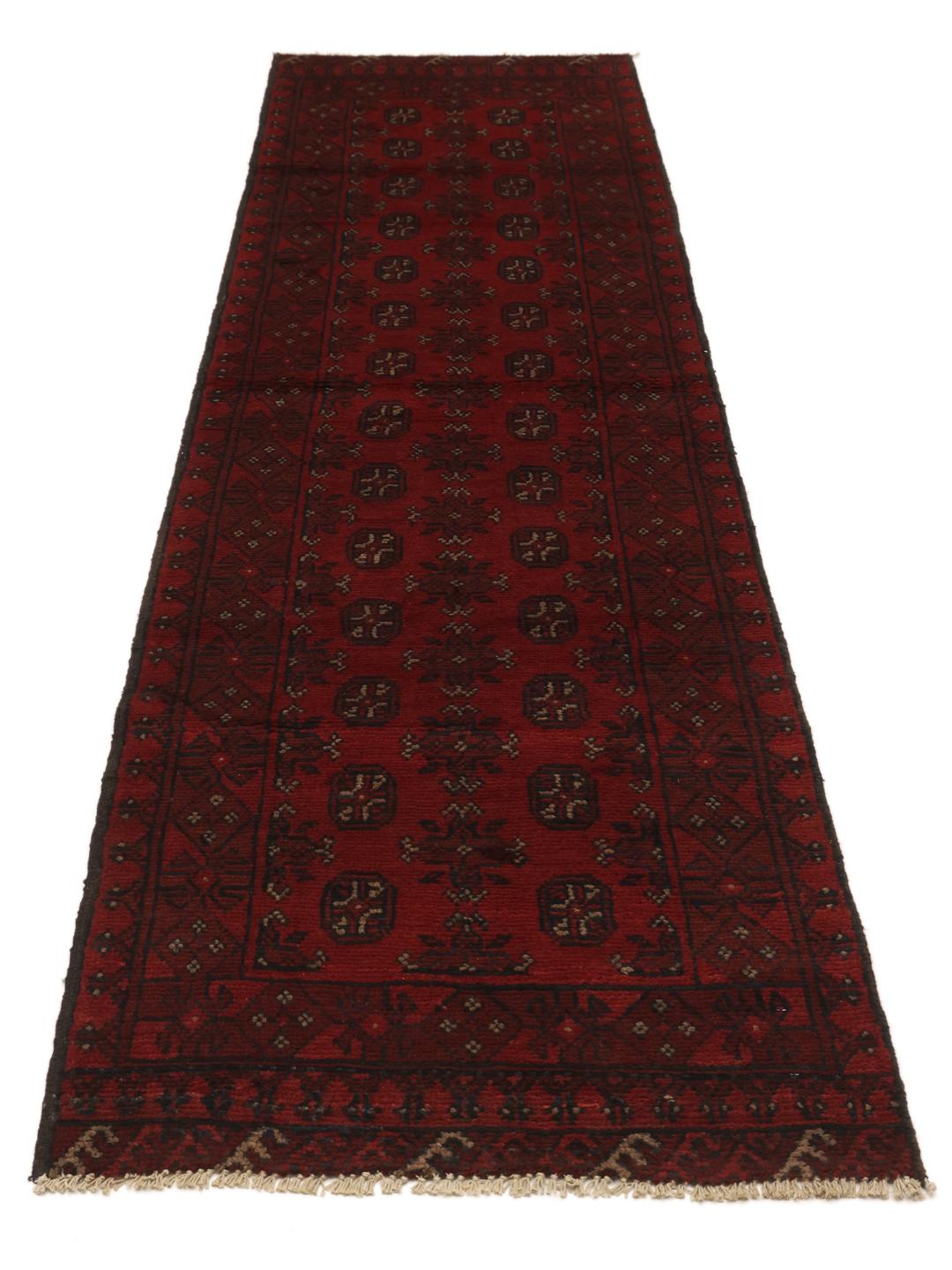 Tapis couloir afghan fait main en rouge foncé