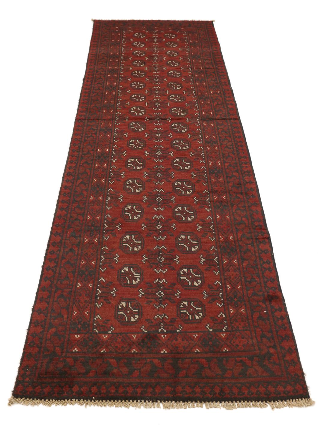 Tapis couloir noué à la main Afghan Fine en rouge foncé et noir